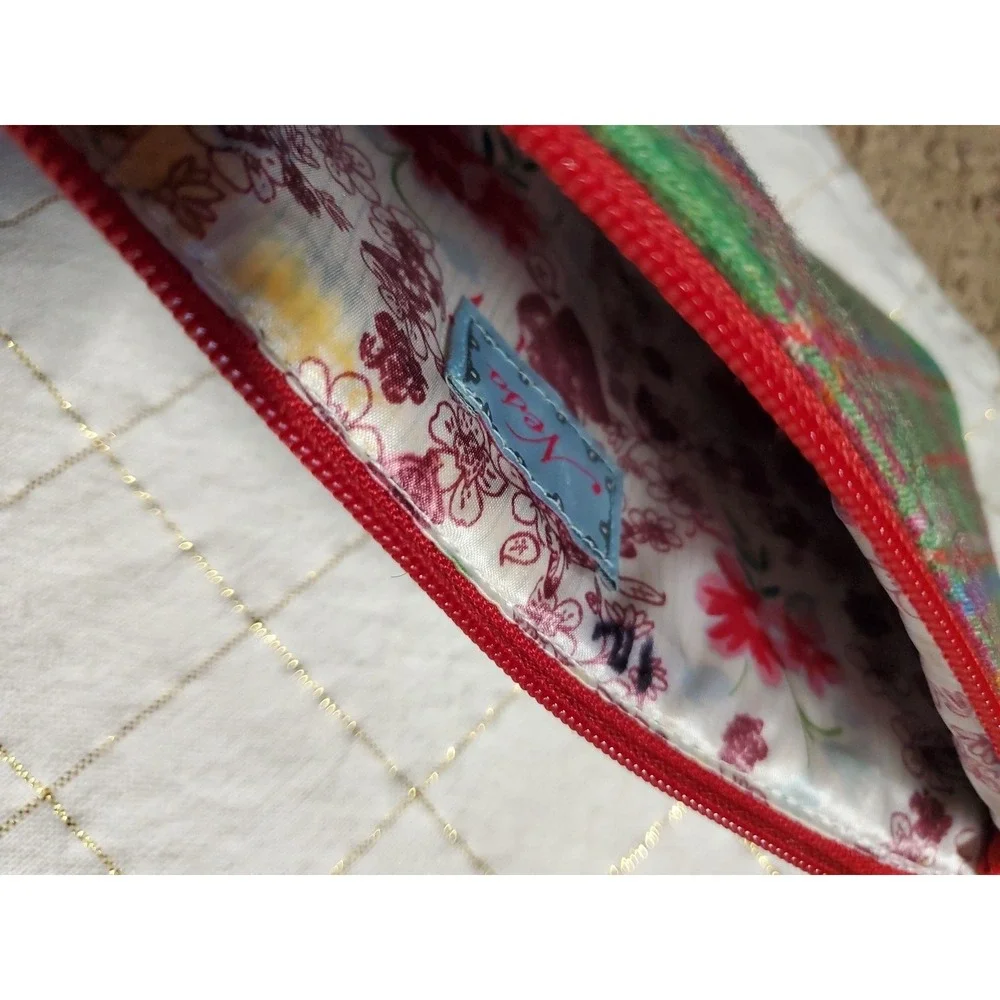 NESS Scotish Wool‎ Blend Makeup Bag Green Pink Tartan Floral Applique 8.5x5.5